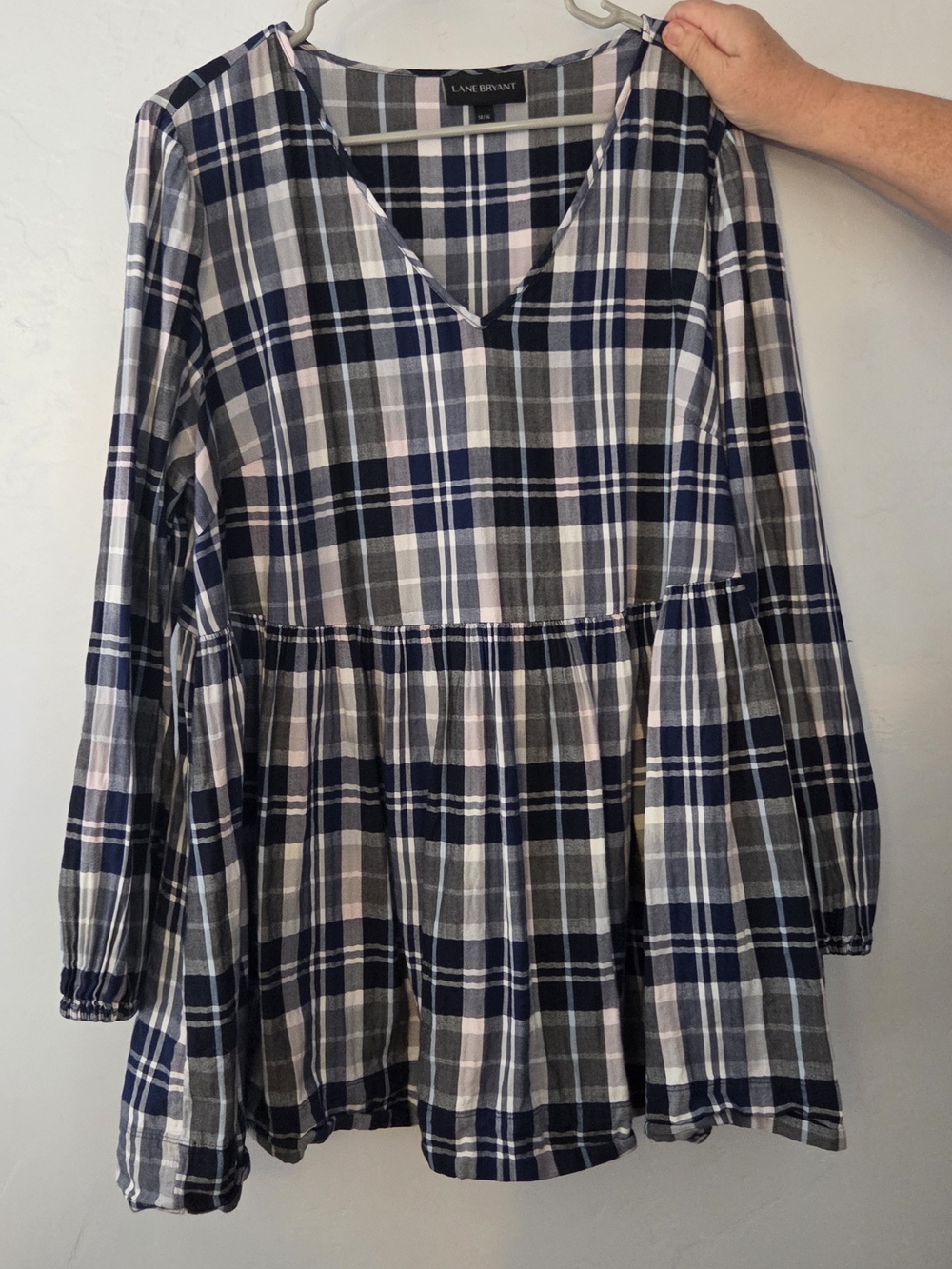 Lane Bryant Navy, Gray & Light Pink Plaid Blouse